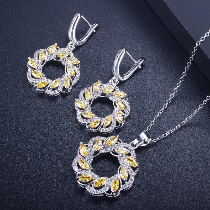 Round Zircon Chain Set, Earring Pendant Two-Piece Set, Color Retention, Multi-Color Optional