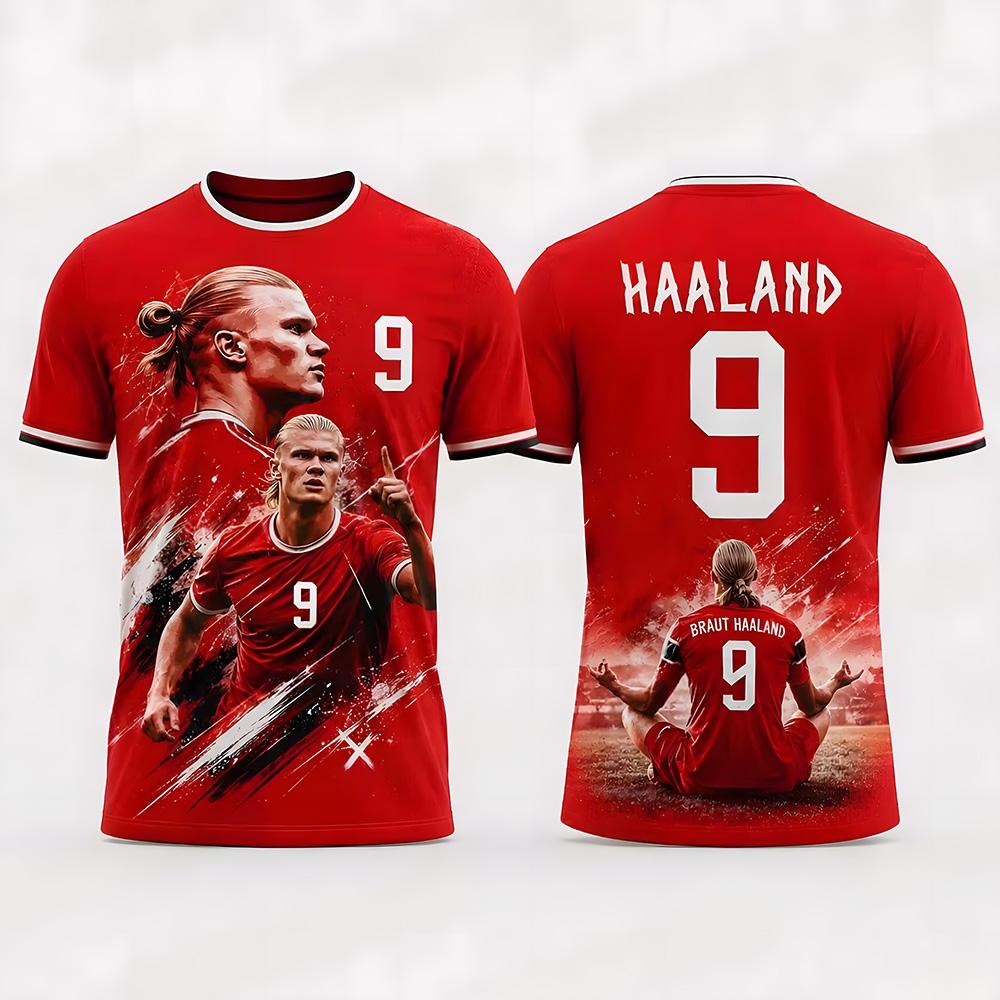 Haaland 9 Magliette Grafiche Rosse Calcio 2026 Nuova Estiva Maglia a Rete per Fan Fan di Calcio Uomo Donna Casual Manica Corta Sportiva Maglietta Y2K
