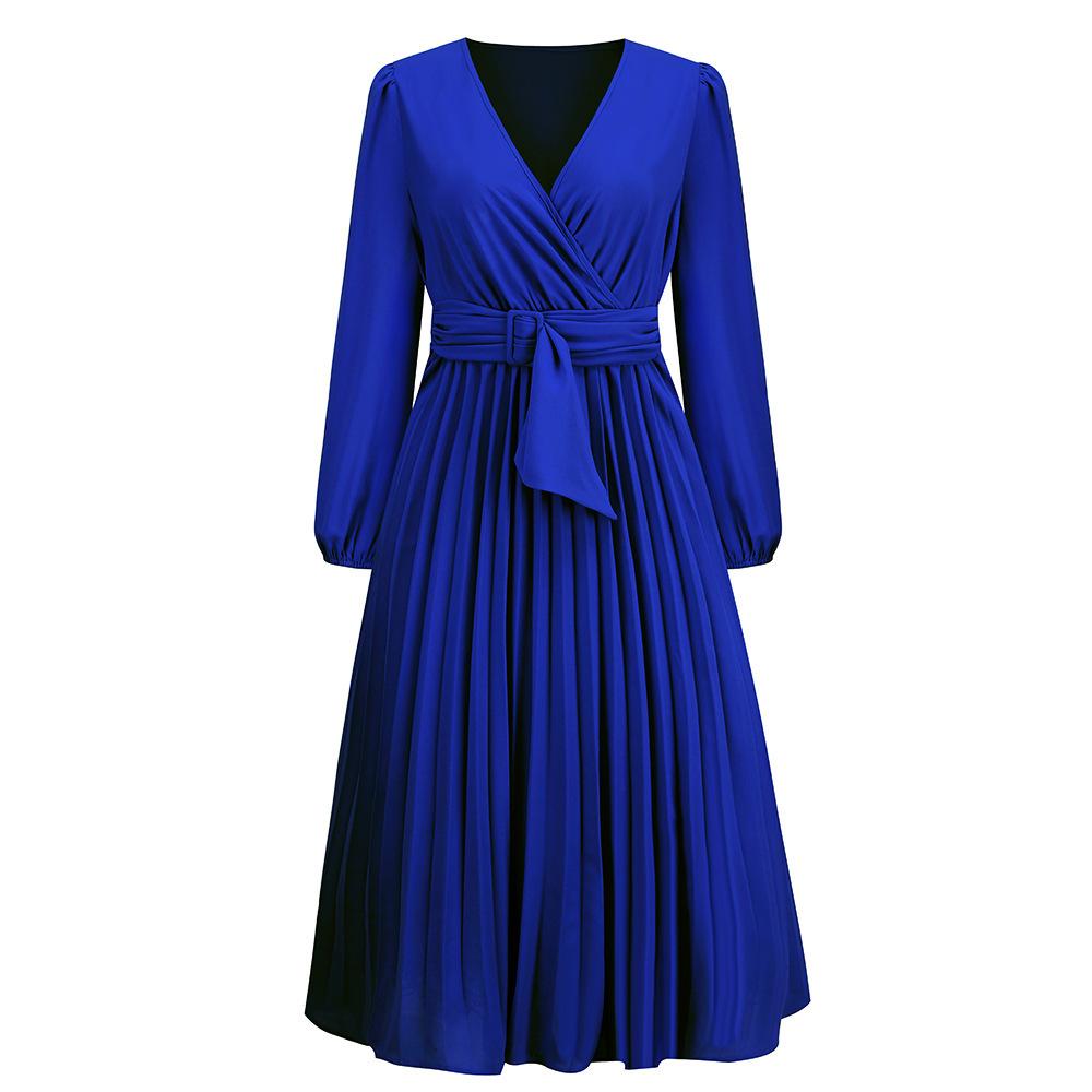 2022 European & American Slim Fit V-Neck A-Line Dress with Belt & Pleated Long Sleeves for Women