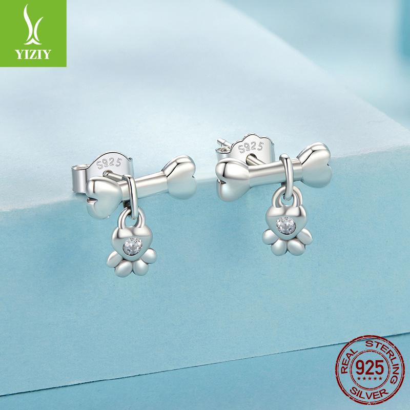 Dog Bone Dog Claw Stud Earrings, Cute Fun Stone Design S925 Sterling Silver Earrings Jewelry