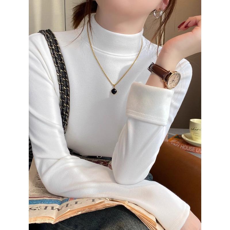Spring semi-turtleneck bottoming shirt women's thickened integrated velvet warm suit inner top long-sleeved shirt