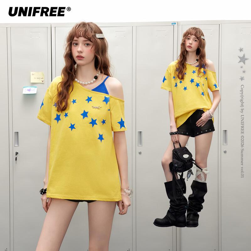 

UNIFREE Women s Y2K Star Print One-Shoulder T-Shirt L