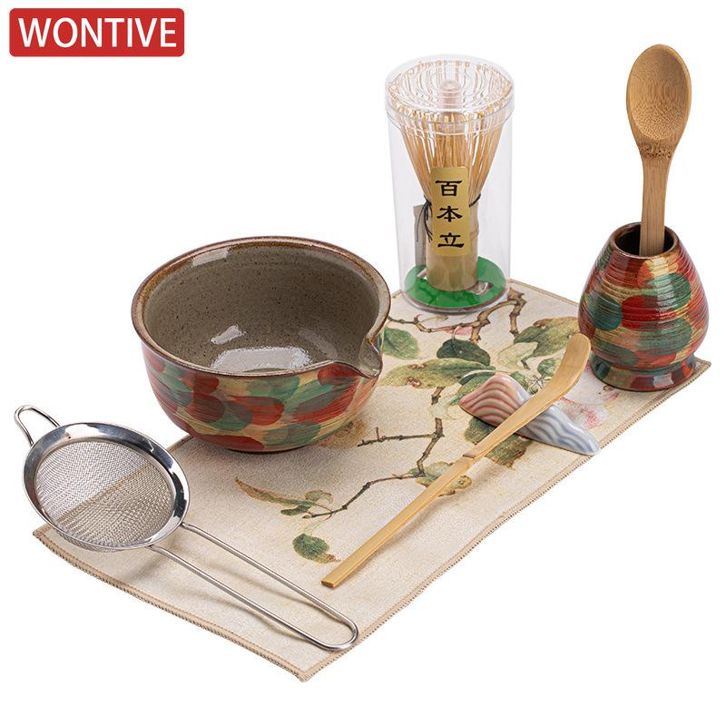 Hand Drawn Ceramic Matcha Bowl and Whisk Set Sturdy Elegant Easy To Clean Matcha Mixing Bowl Kit Heat Resistant Japanese Tea Kit