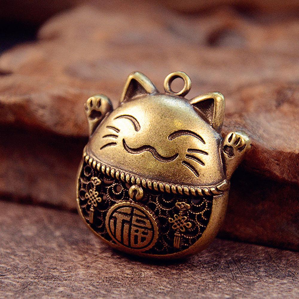 Good Lucky Cat Keychain Charms Brass Cat Feng Shui Zhaocai Wealth DIY Retro Hanging Ornaments