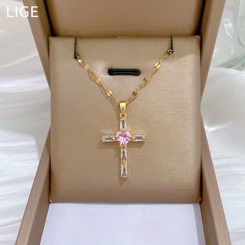 Pink Cross Light Luxury Temperament Gorgeous Full Diamond Necklace Female Versatile Collarbone Chain Titanium Steel Chain