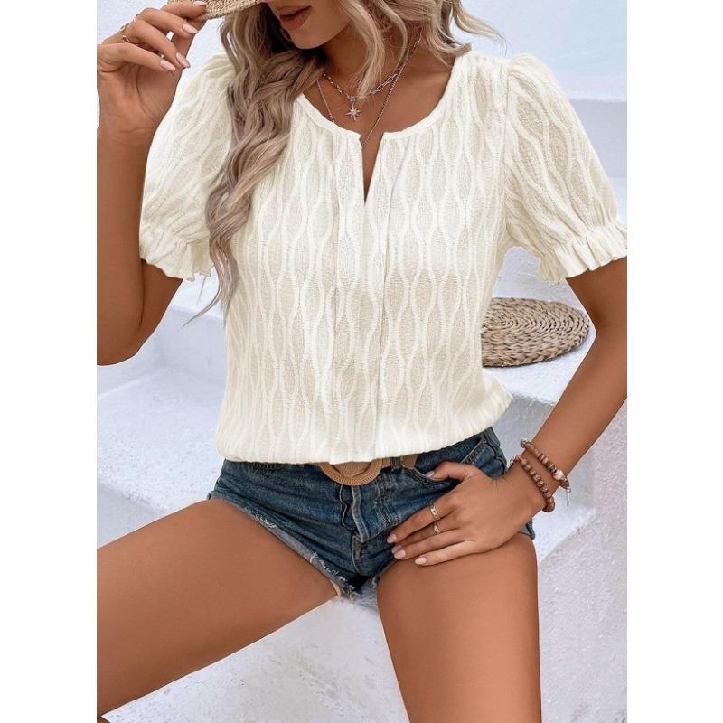 Spring and Summer New Style V-neck T-shirt Puff Sleeves Jacquard Women's Casual Loose Short-sleeved Women's Clothing