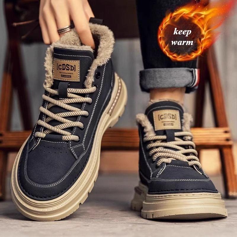 

Мужские кожаные зимние ботинки на толстой подошве, уличная повседневная обувь с подкладкой для мужчин, зимний модный дизайн, толстая подошва, нескользящие ботильоны 42 чёрный