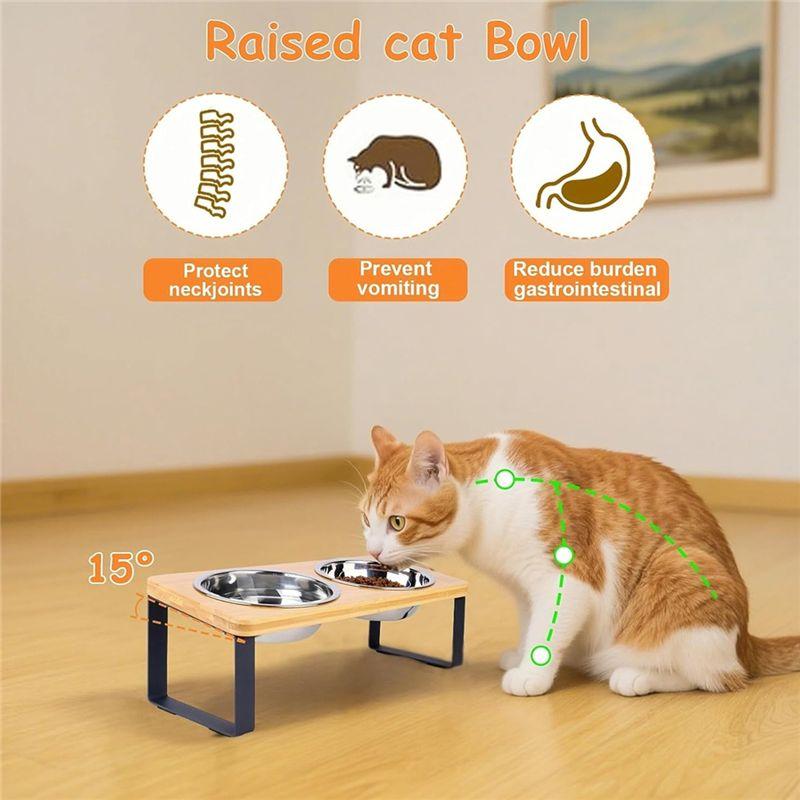 Practical-Elevated Cat Bowls, Non-Slip 32 Oz Stainless Steel Food Bowls, 15° Tilted Raised Pet Dishes, Raised Cat Bowl Feeder
