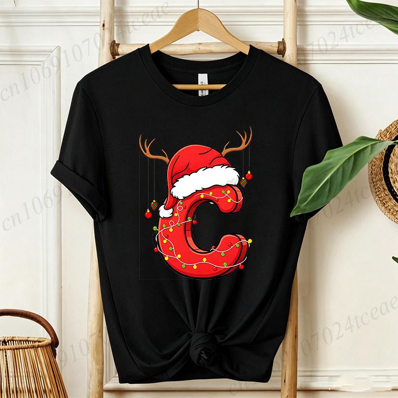 Cute Cartoon Xmas Initial A~Z Graphic T Shirts Christmas Reindeer Lights Print T-Shirts Holiday Party Family Matching Tshirts