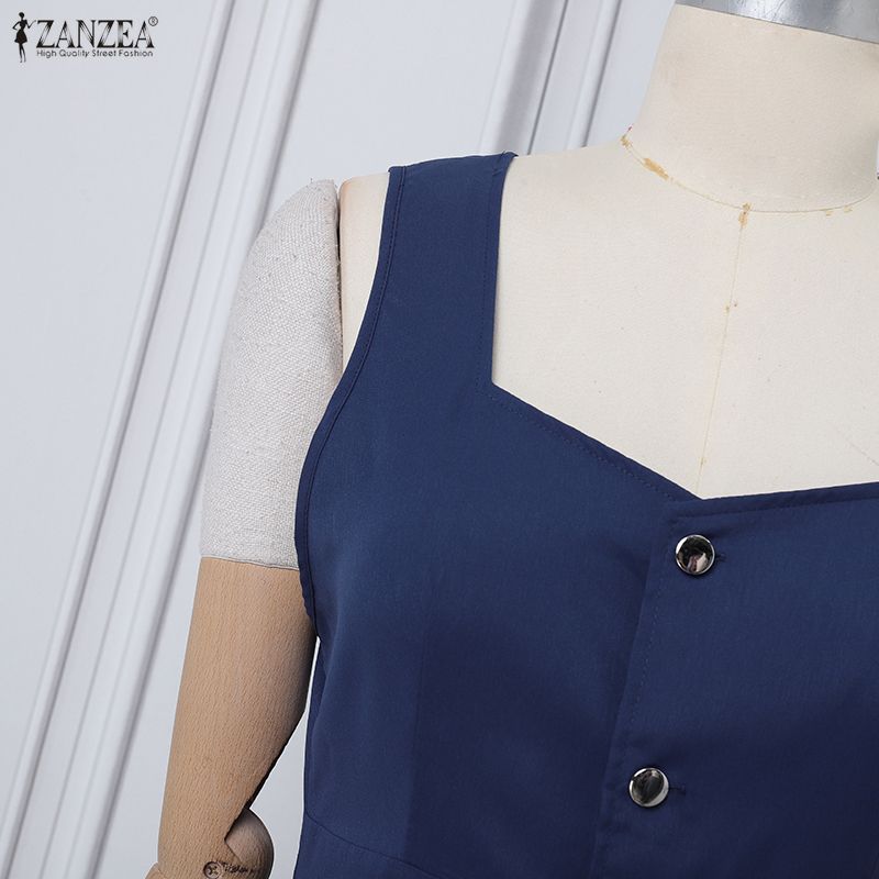 ZANZEA Damska Elegancka Kwadratowy Dekolt Bez Rękawów Casualowa Sukienka Na Ramiączkach