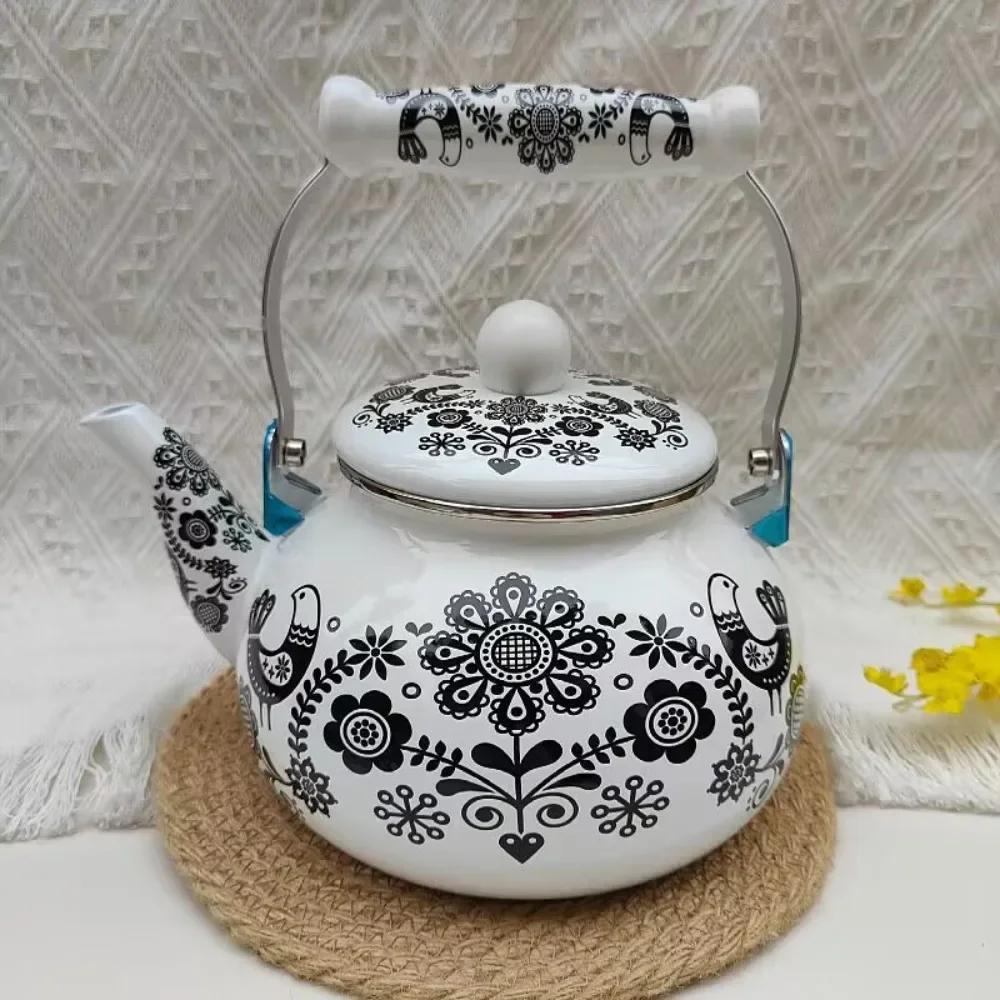 Emaille-Teekanne im chinesischen Stil 2,5L/1,5L, Anti-Verbrühungsgriff, Gasherd-Kessel, birnenförmige florale Emaille-Kaffeekanne