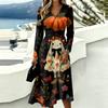 Women's Halloween Print Long Sleeve V-Neck Dress with Pockets for Casual Stylish Wear