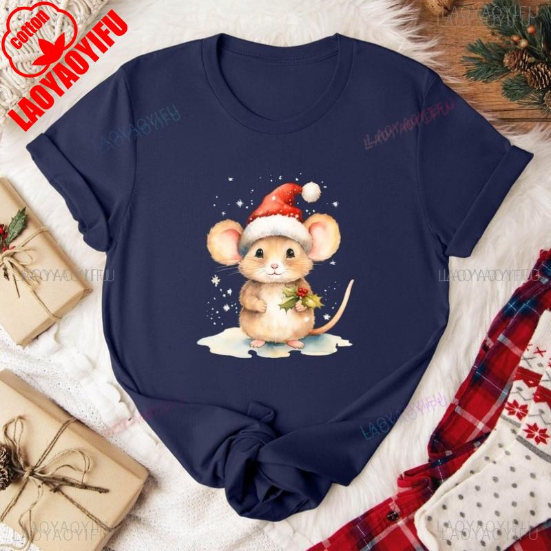 Christmas Cartoons Mouse Santa Hat Allmatch Tshirt Holiday Unisex High Quality Crewneck Casual Style Printed Tshirt Tops