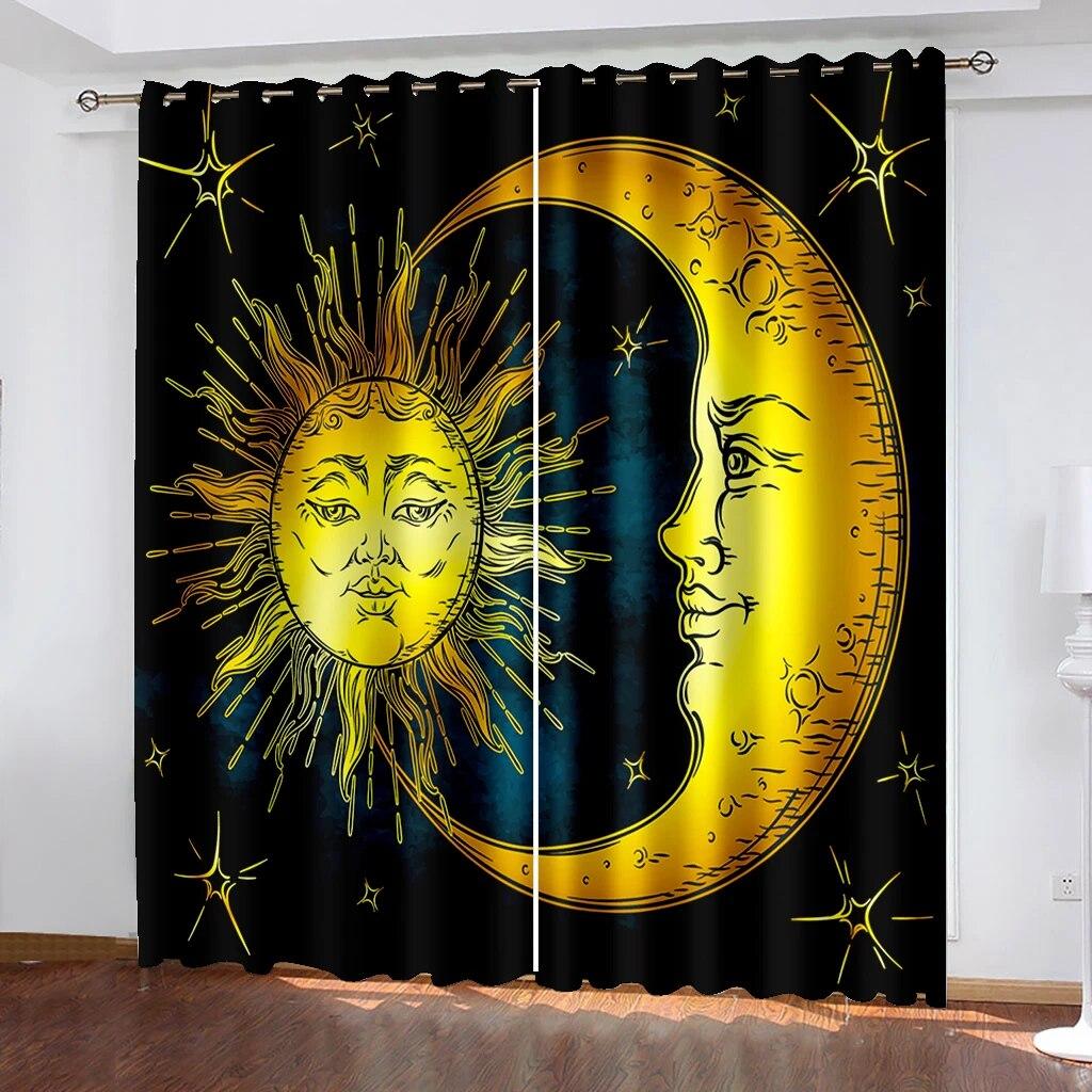 Graphic Sun Moon Starry Sky Printed Curtains, Rod Pocket Curtains Living Room Kitchen Office Decoration Curtains Home Decoration