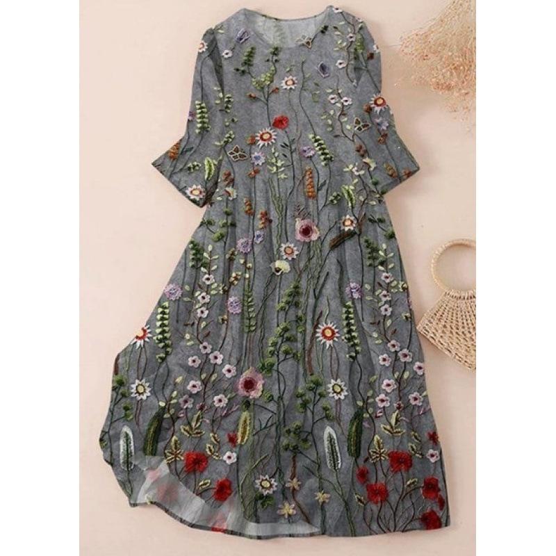 2026 summer new mid-waist women s casual, round neck printed pendulum women s dress S