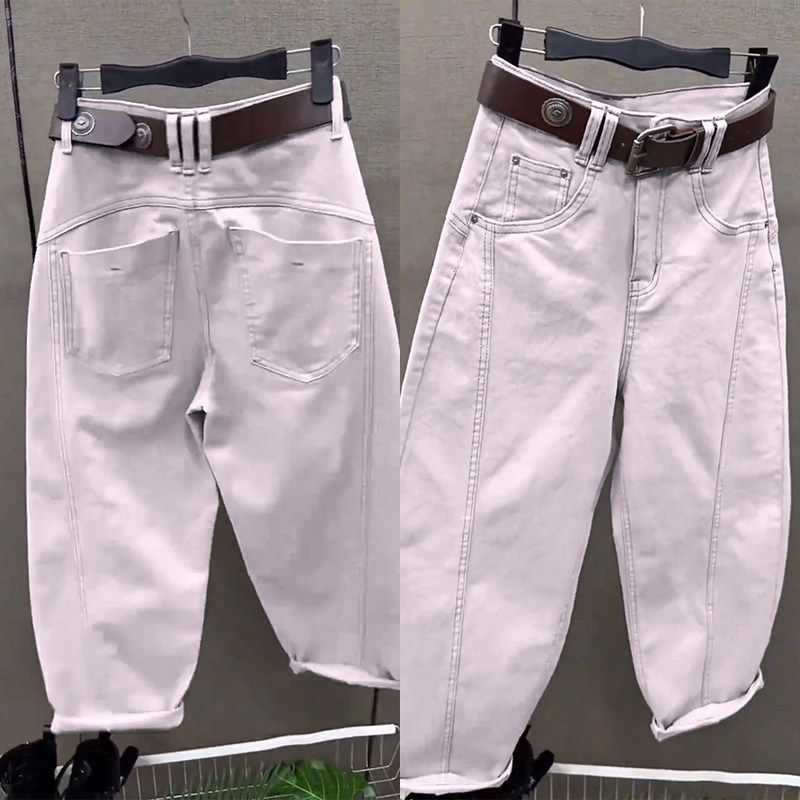 

Spring and Summer Fashion Versatile High-Waisted Cropped Jeans for Women Plus Size 100kg Petite Slimming Dad Jeans Light purple M [Recommendation 42.5-50kg]