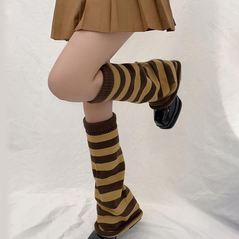 Gray-Powder Striped Wide-Leg Flared Socks - Knitted Autumn/Winter Calf Socks for Hot Girl Subculture
