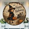 Vintage Style Witch Pumpkin Pattern Round Wooden Hanging Plaque Rustic Farmhouse Wall Decor Indoor Outdoor Party Home Seasonal Ornament
