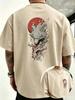Summer Japanese Style Wolf Red Moon Printed Mens Polyester T-shirt Short Sleeve Casual Street Gothic Tops Multi Color Options