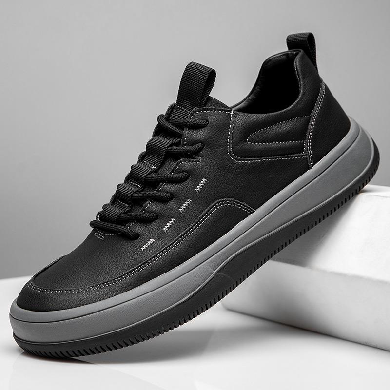 Spring Leather Men's Sports Shoes Versatile Wide Head Leather Shoes Platform Non-slip Casual Board Shoes Men's Trendy Brand