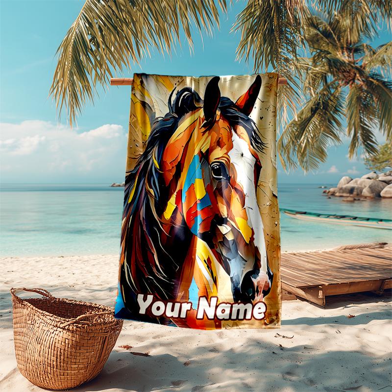 1PC Custom Name Abstract Horse Portrait Beach Towel Highly Absorbent And Sand-Resistant Towel for Swimming, Pool, Yoga, And Travel Lightweight