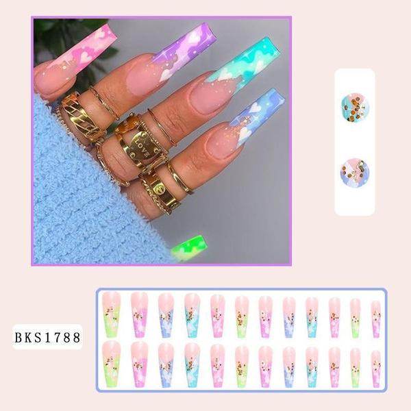 Press On Nails With Designs Long Rainbow Heart Nail False Nail With Sticker Glue French Peach Heart Cotton Cloud Arcrylic Nail Tips