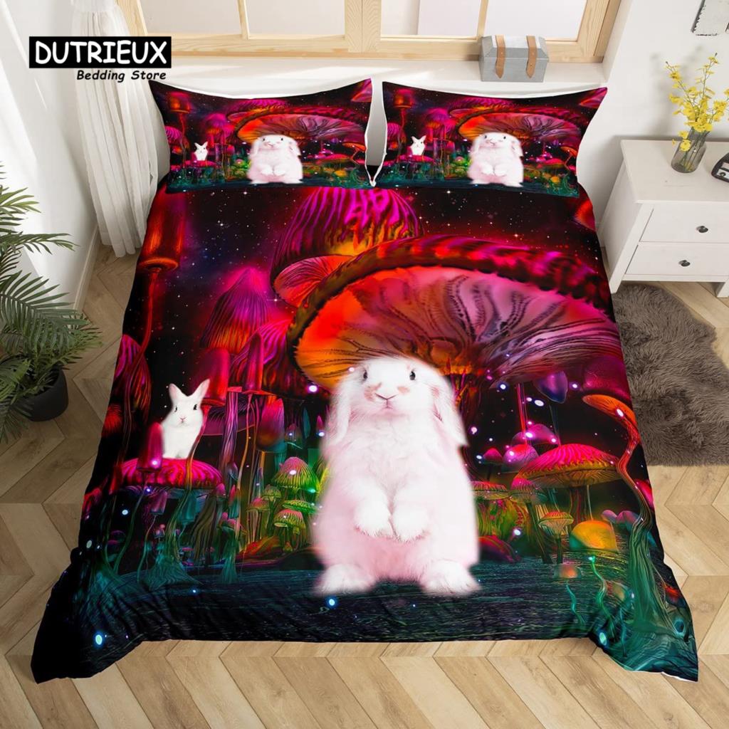 Cute Rabbit Duvet Cover Set Twin Queen Colorful Flower Bedding Set Microfiber Botanical Floral Cartoon Animal Comforter Cover