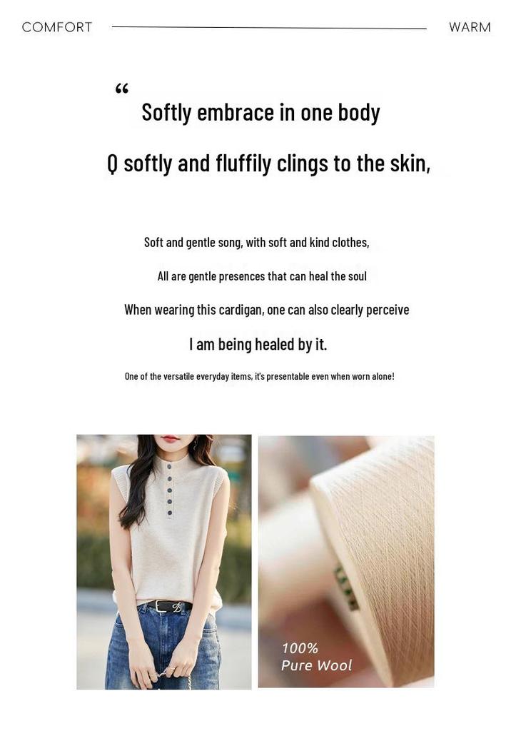 Women's 100% Wool Half-Open Button-Up Knit Vest - Sleeveless, Versatile, Solid Color Pullover with Half-High Collar