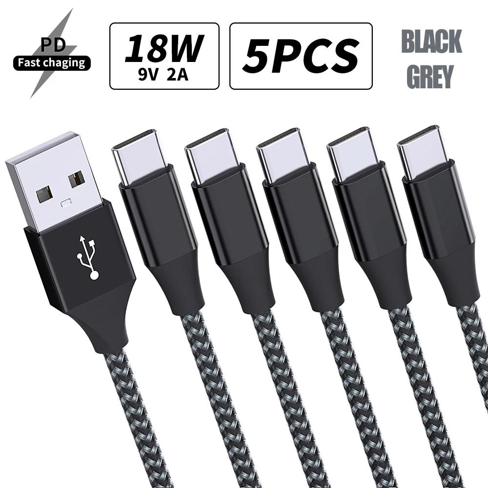 5Packs 18W USB Type C Charge Cable Charger Data Wire Cord For iPhone 16 15 Macbook Samsung S21 S20 S10 S9 S8 Huawei P40 Xiaomi 9