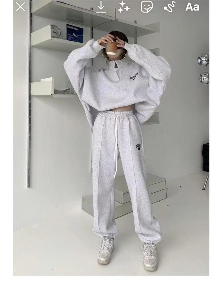 Women's 2024 Autumn/Winter Fleece-Lined Sweatshirt & Sweatpants Set - Fashionable Casual Two-Piece for Running or Sports
