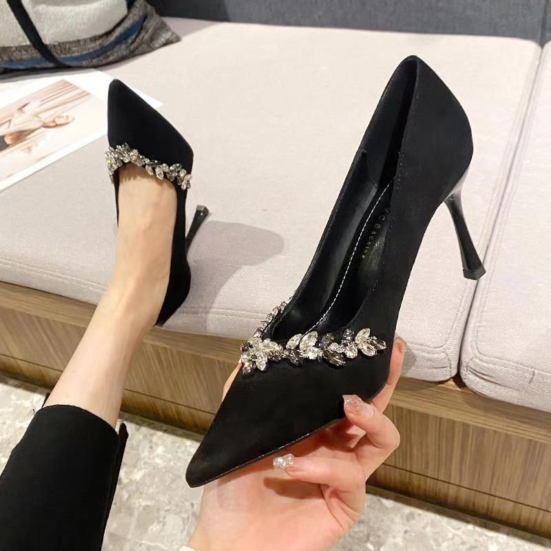 Light Mouth Black Single Shoes New Celebrity Temperament Dress Rhinestone High Heels Women's Banquet Pointed Stiletto