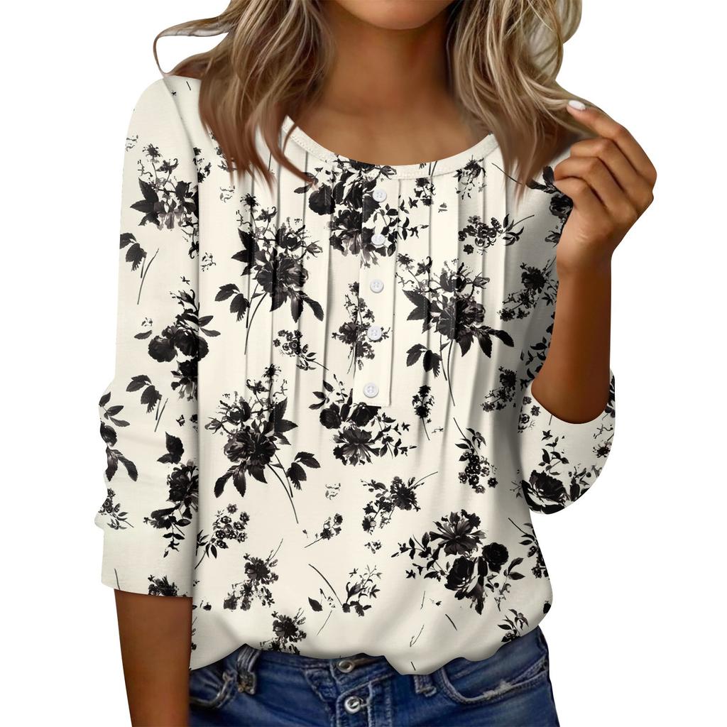 Women's Round Neck Pull Stripe Decorative Button Top Casual Solid Color 3/4 Sleeve T Shirt