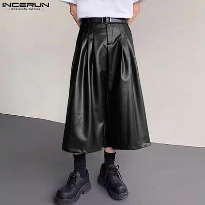 Pantalones de Hombre de Cintura Alta Color Sólido Cuero PU Sueltos Cortos Pierna Ancha