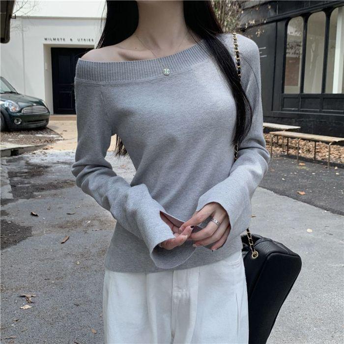 Women's Gray Off-Shoulder Asymmetric Slimming Long Sleeve Top - 2024 Trendy Autumn/Winter Versatile Style