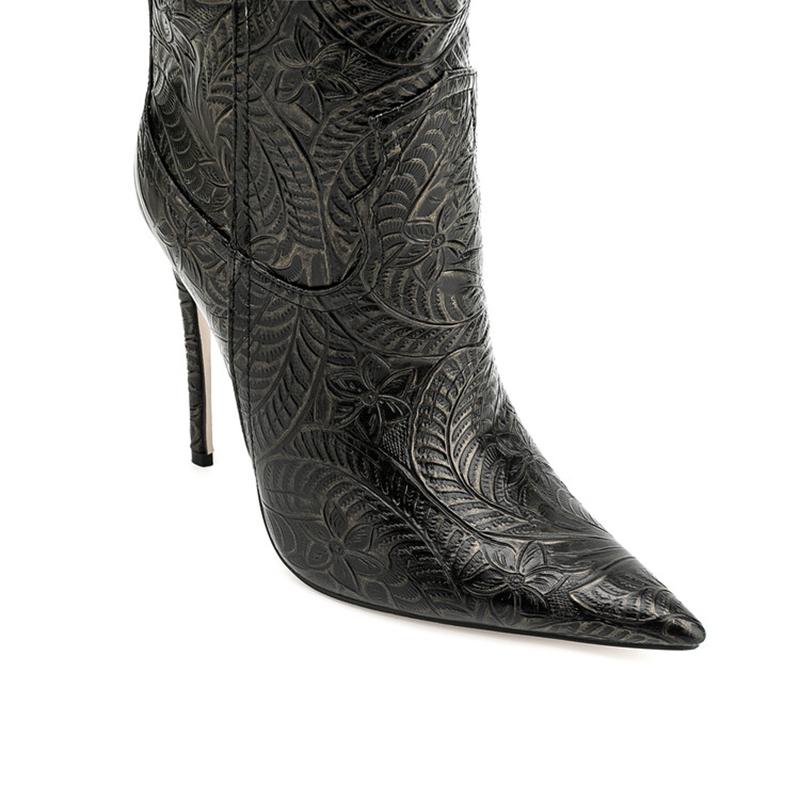 Fashion Women's new pointed pattern material with sexy temperament, slim heels, pointed toes and calves, nightclub fashion short boots