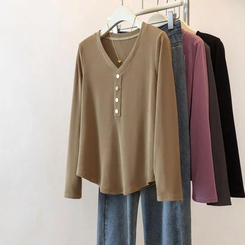 

Plus Size Women s Long-sleeved T-shirt Women s Autumn and Winter Slimming Top That Hides the Flesh and Wears a Bottoming Shirt 2XL хакі