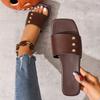 Women's Square Toe Flat Slide Sandals Casual Rivet Decor Open Toe Slip On Slippers Summer Beach Shoes for Ladies