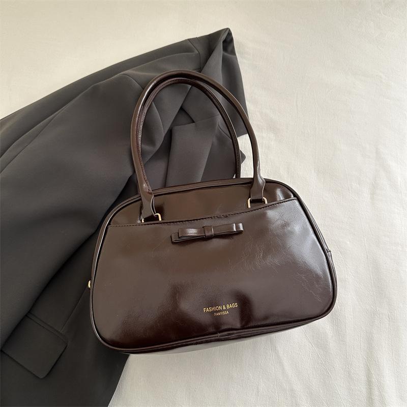 

Vintage Brown Oil Wax Leather Bowling Bag Retro Handbag With Bow Decor For Women Daily Commute Fashi Purse темно-коричневого кольору