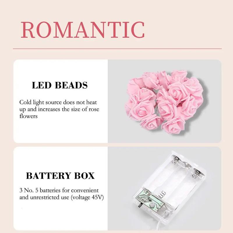 Ghirlandă luminoasă cu 20 de LED-uri, Lumini de zână pentru Ziua Îndrăgostiților, Ghirlandă cu baterii pentru nuntă, Floare romantică trandafir, 300CM