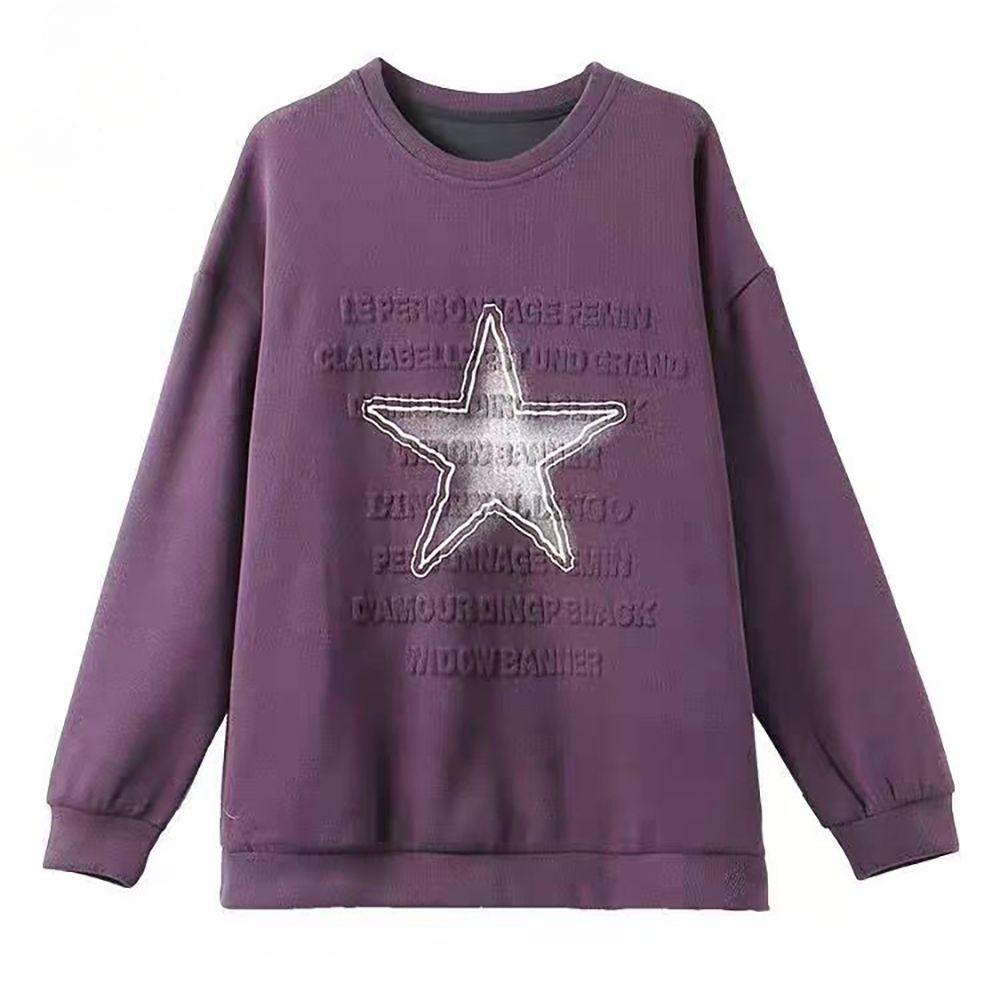 Fashion Women Letter Print Plus Size Star Hoodie Loose Round Neck Sweatshirt for Autumn