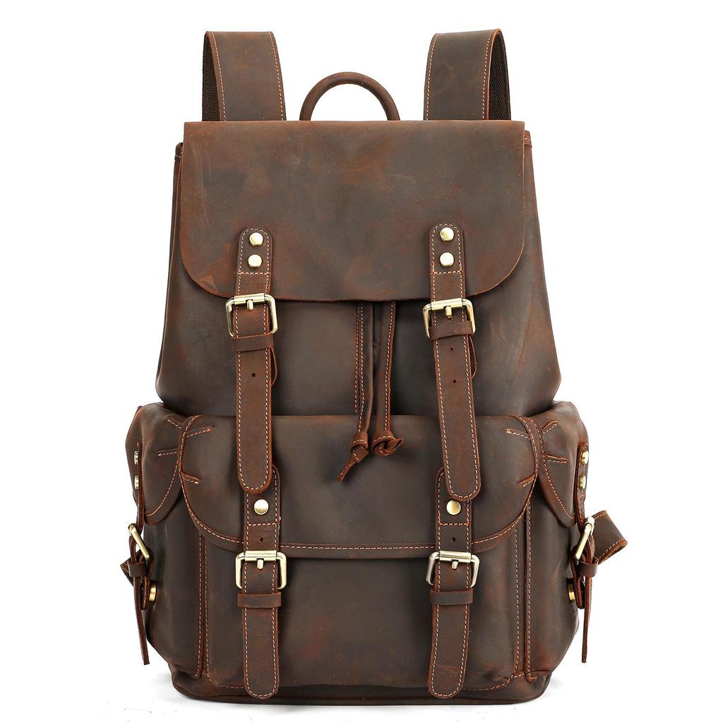 MASIWEI Retro Crazy Horse Leather Travel Backpack - Large Capacity, Genuine First Layer Cowhide for Men