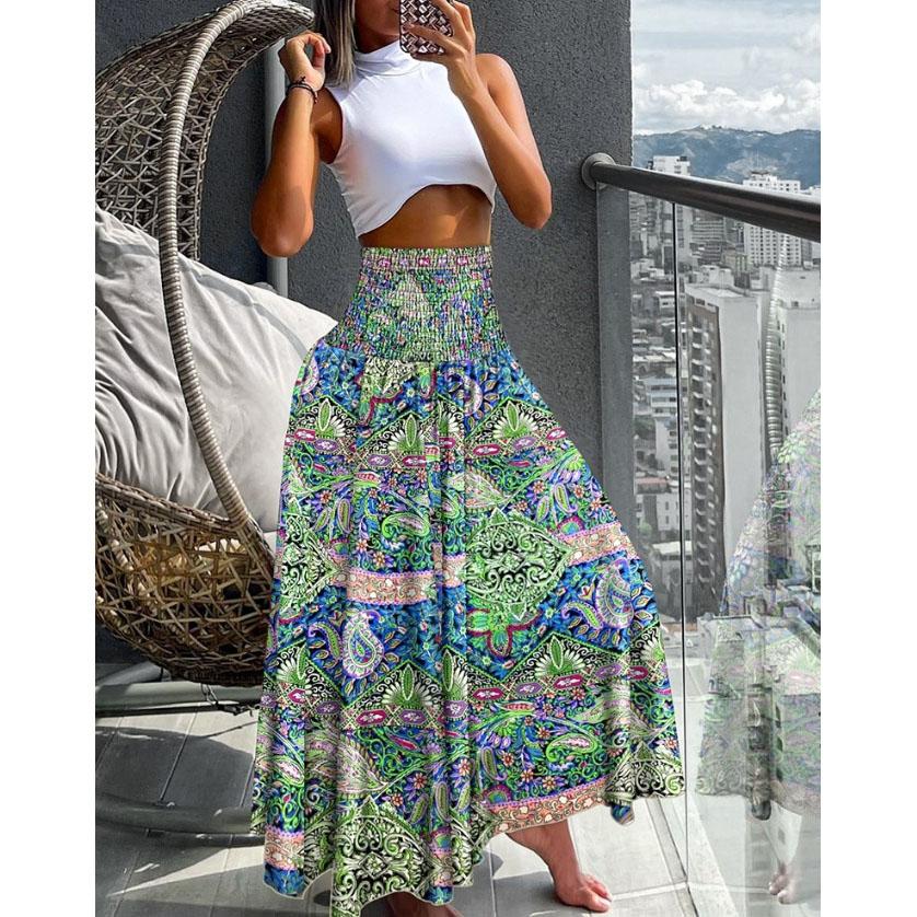 Women's Fashion Floral Print Skirt Casual High Waist Loose Long Skirts For Women Boho Holiday Beach Party Womens Clothing Summer