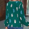 Women's Fashion Loose V-Neck Feather Print Long Sleeve Pullover Shirt Top