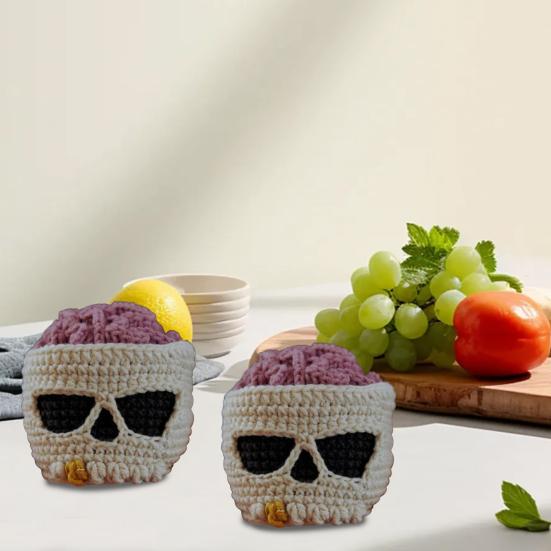Brainy Skull Coaster Handmade Crochet Skeleton Tabletop Decor Hand Knitted Drink Cup Mat for Home Bar Decor