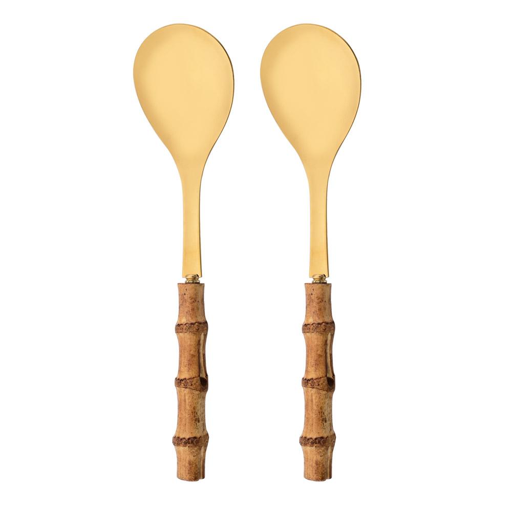2Pcs Silver Dinnerware Cutlery 304 Stainless Steel Wood Bamboo Handle Food Serving Salad Spork Server Fork Spoon Tableware Set