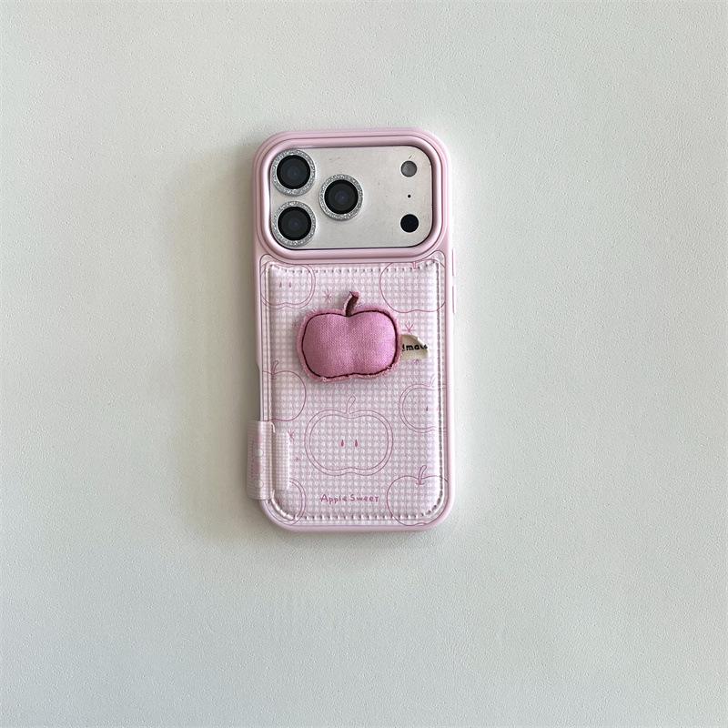Rosa Karomuster 3D Apfel Handyhülle & Lanyard für iPhone 14, 15, 16 Pro Max, 17