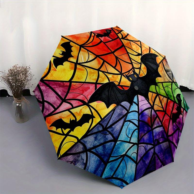 Bunte Fledermaus Buntglas Fensteraufkleber für Halloween DekorationenRegenschirm, Tragbarer 3-fach Kompakter Regenschirm, Weihnachtsgeschenk ES595