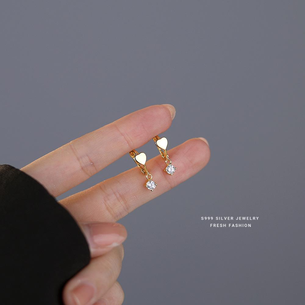 S999 Sterling Silver Korean Sweet Inlaid Zircon Heart Earrings for Women Temperament Jewelry