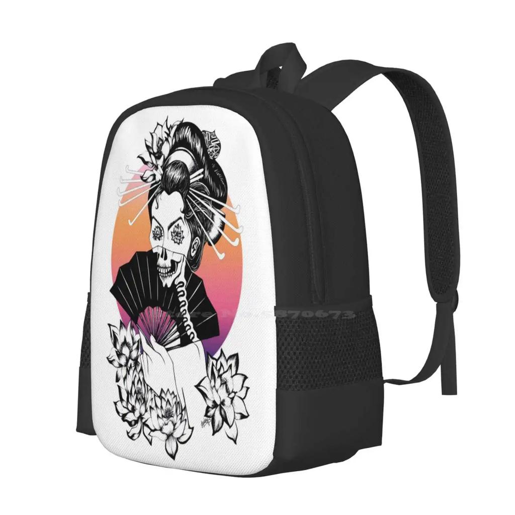 Sunset Lotus Geisha With Skeleton Fan Hot Sale Backpack Fashion Bags Geisha Skeleton Sunset Fan Lotus Asian Bones Flower Black