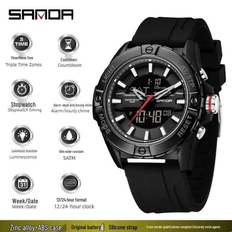 SANDA Multifunctional Outdoor Waterproof Watch with Three-Time Zone and Calendar Features for Students